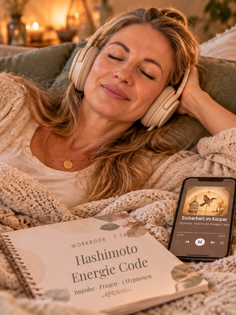 Frau liegt entspannt mit Kopfhörern, daneben das Workbook Hashimoto Energie Code und ein Handy mit der Hypnose Sicherheit im Körper