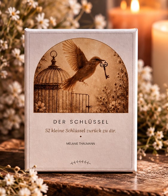 Kartenbox „Der Schlüssel – 52 kleine Schlüssel zurück zu dir“ mit Vogel und offenem Käfig